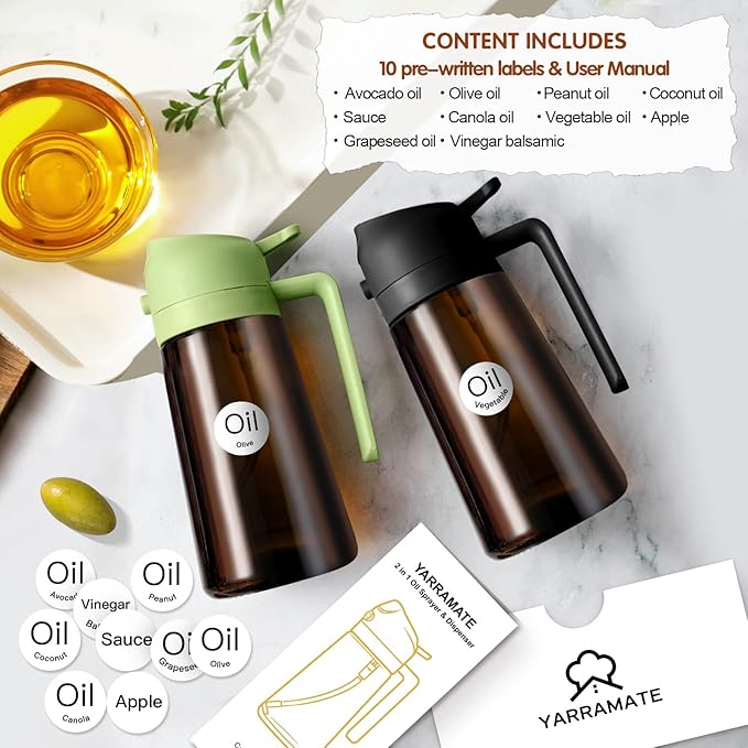 YARRAMATE 2PCS 16oz/470ml Oil Sprayer for Cooking with Stickers, Food-Grade 2 in 1 Olive Oil Dispenser Bottle for Kitchen, Premium Dark AmberGlass Oil Bottle for Air Fryer, BBQ (Black & Green)