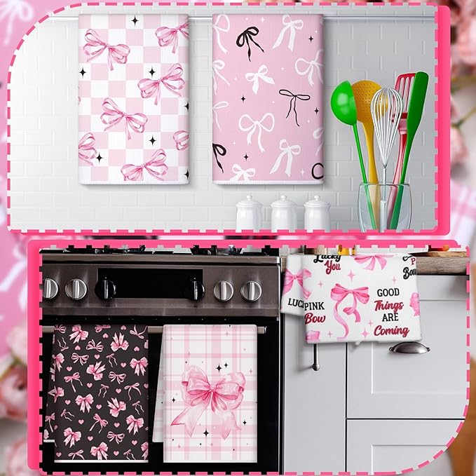 Bencailor 6 Pcs Pink Bow Kitchen Towels Decorative Sets Dish Towels Absorbent Fast Drying Hand Tea Vintage Hanging Reusable Cleaning Dishcloths for Cooking Farmhouse Bathroom Accessory