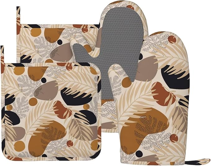 Boho Tropical Leaves Oven Mitts and Pot Holders 4 pcs Set Silicone Botanical Plant Kitchen Oven Mitt Gloves Farmhouse Pot Holders Non-Slip Heat Resistant Cooking Mitts Set for Kitchen Baking