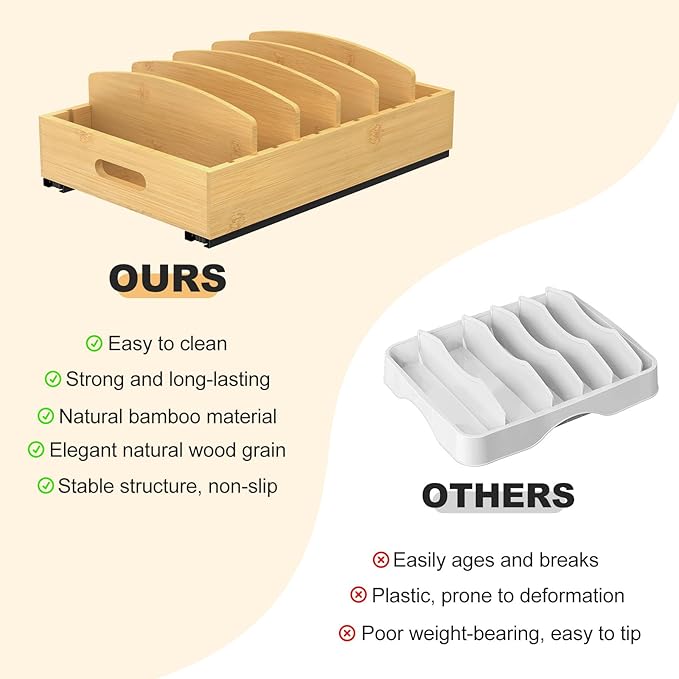 Housolution Pull Out Food Container Lid Organizer with Sliding Rail, Slide Out Plastic Lid Holder Compatible with Tupperware, Bamboo Storage Box with 5 Adjustable Dividers for Kitchen Cabinet, 1 Pack