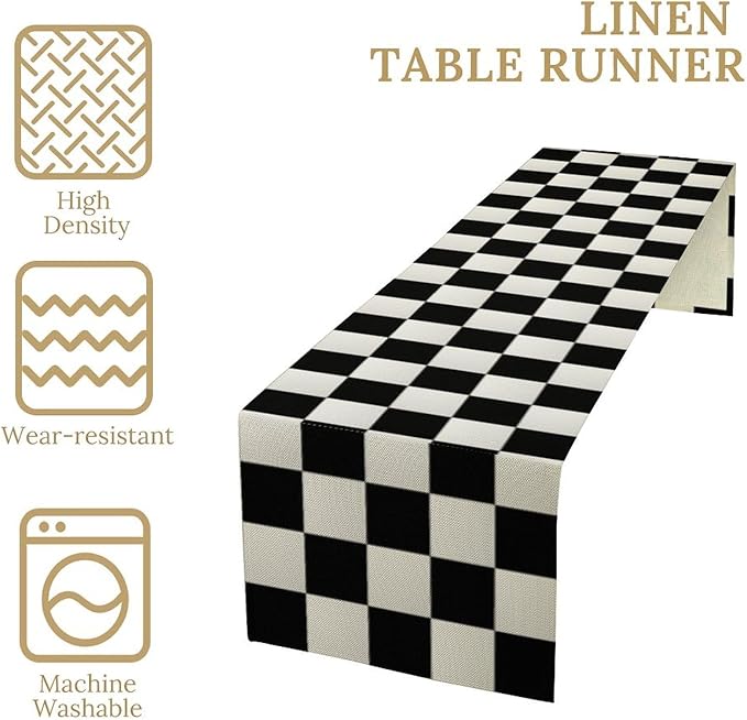 Black White Plaid Table Runner Racing Party Theme Runner for Home Kitchen Birthday Party Dining Table Living Room Decor Fabric 1 Panel W13xL90in