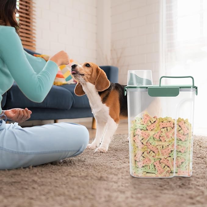 LEAWALK 5-7Lbs Dog Cat Food Storage Container with Upgraded Large Nozzle BPA-free, 4 Snap Seals Plastic Pet Food Storage Containers with Handles (Green+Dark Green, 5L-2pack)