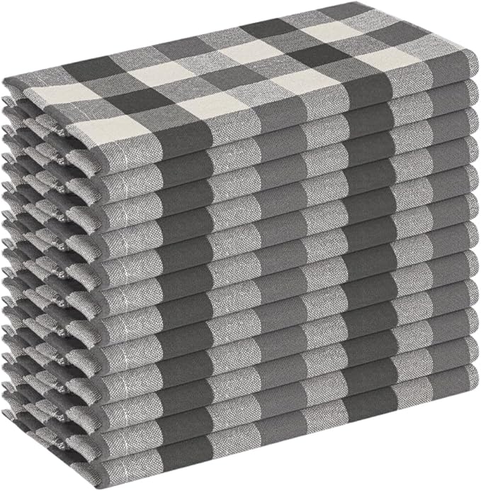 Gingham Check Cloth Napkins Set of 12, Soft, 100% Cotton, Durable, 18"x18", Reusable Dinner Napkins for Every Day & Special Occasions, Washable Table Linens for Dining - Grey Natural