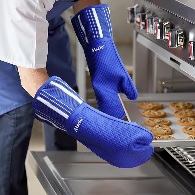 Alselo Oven Mitts Heat Resistant Silicone Kitchen Gloves for 550 Degrees with Waterproof and Non-Silp, Oven Gloves for Baking Cooking Barbecue Microwave Machine Washable (Extra Long Navy, 2)