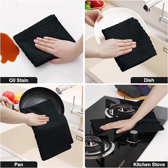 Homaxy 100% Cotton Terry Kitchen Towels(15" x 25", 8 Pack), Soft and Super Absorbent Dish Towels, 380 GSM Reusable Tea Towel with Hanging Loop, Pineapple Grid Designed, Black