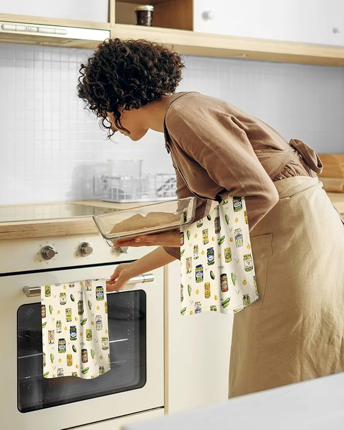 Miss Adola Flour Sack Kitchen Towels - Set of 2 Spring Dish Towels with Hanging Loop 18x26 Inch Absorbent Reusable Cotton Cloths for Cleaning Cute Design Home Decorative Housewarming, Canned Kimchi
