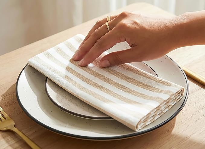 PurpleEssences Plain Striped Cloth Napkins - Set of 12-100% Cotton - 18 x 18 Inch - Spring Easter Summer and Perfect Everyday Use Dinner Napkin - Beige and White