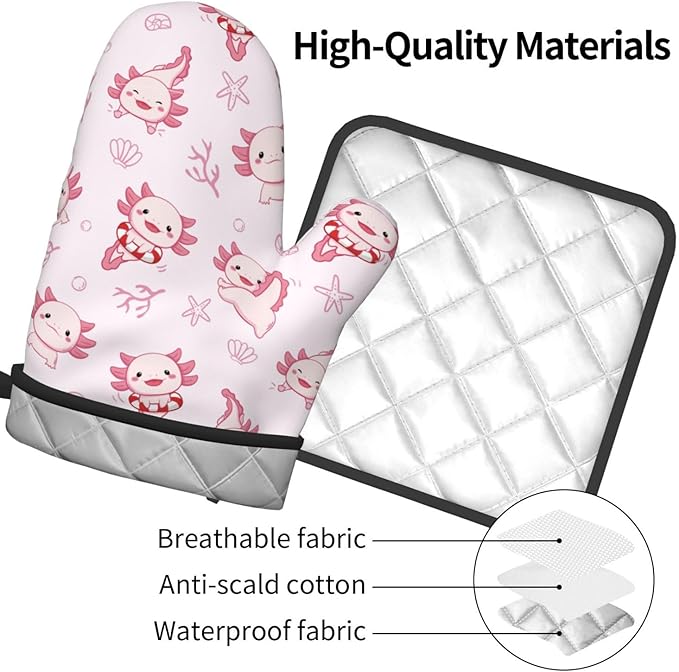Cute Cartoon Axolotl Oven Mitts and Pot Holders Heat Resistant Oven Mitts Safe for Baking Cooking BBQ