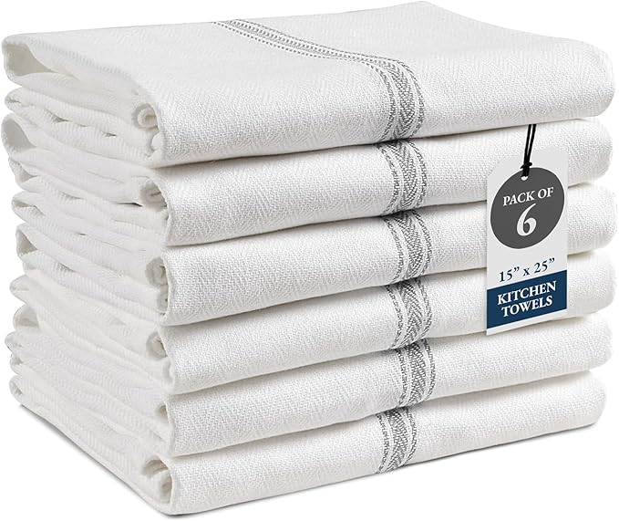 LANE LINEN Kitchen Towel Set, 6 Pack Dish Towels for Kitchen, 100% Cotton Absorbent Tea Towels, Quick Dry, 14"x25", Herringbone Weave, Reusable, Machine Washable, Soft for Drying Dishes - Grey Stripe