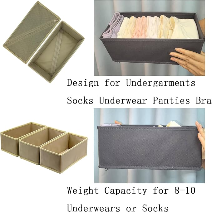 Bructhun Sock Drawer Organizer 9 Pack - Collapsible Fabric Storage Bins for Underwear Divider, Small Closet Organizers with 9 Compartments, Khaki