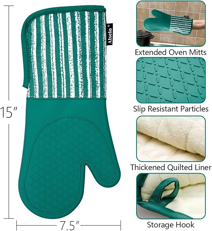 Alselo Silicone Oven Mitts Heat Resistant 932℉ with Waterproof & Non-Slip Kitchen Mittens, Set of 2 Extra Long Oven Gloves with Soft Cotton Terry Lining for Baking Cooking Barbecue (Emerald Green, 2)