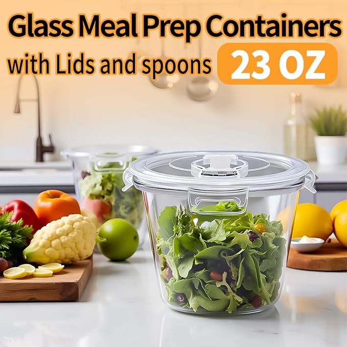 H.JSS WDJS 24oz Round Glass Soup Containers with Lids and Spoons, 3Cup Glass Food Storage Containers Set, BPA-Free Meal Prep Bowls with Lids for Leftover, Microwave, Dishwasher, Fridge Safe (4-Pack)