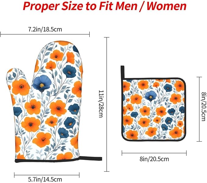 Spring Orange Blue Floral Oven Mitts and Pot Holders Sets of 3, Heat Resistant Non-Slip Burnt Orange Navy Flowers Kitchen Gloves Hot Pads for Cooking BBQ Grilling, Chef Baking Gifts for Women Baker