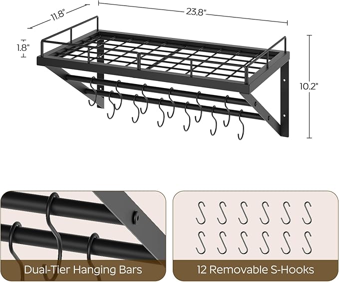 YATINEY Wall Mounted Pot Rack, 23.8 Inch Pot and Pan Organizer with 2 Tier Hanging Rails, 12 S-Hooks, Metal Pot Rack for Kitchen Cookware Organizer, Space Saving, for Kitchen Utensils, Black PR01BK