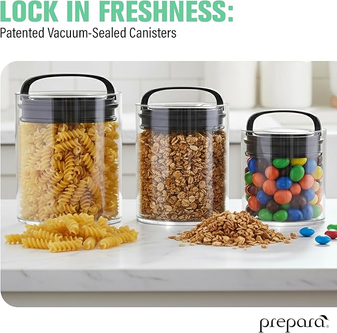 Prepara Evak Fresh Saver Short Vacuum Seal Canisters, Assorted Sizes - Grip Handle Lid, BPA Free Twin-Valve Airtight Jar for Coffee, Tea, Snacks - Pantry Organizer & Compact Kitchen Storage (3-Pack)