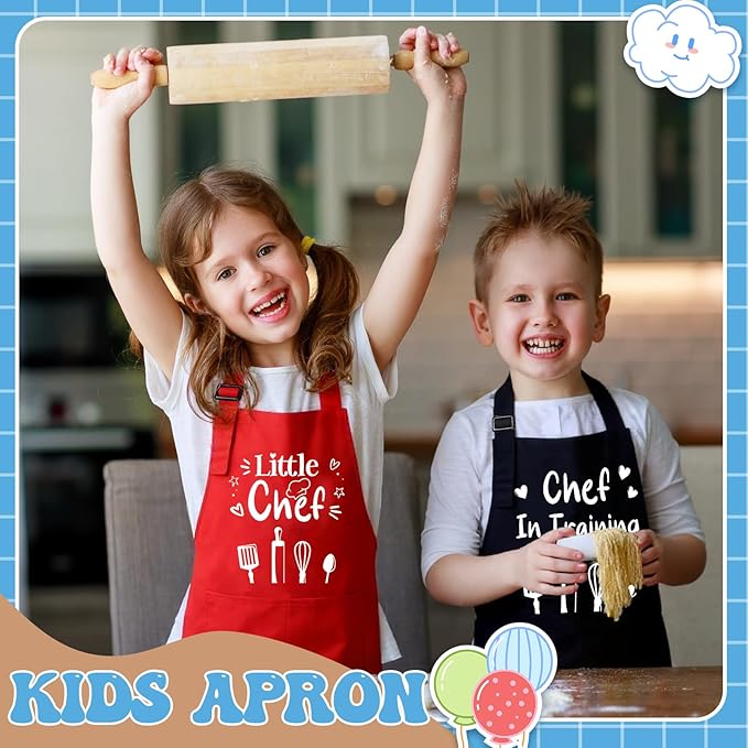 3 Pack Kids Apron for Cooking Adjustable Kids Chef Kitchen Funny Aprons with Pockets for Boys Girls Painting Baking