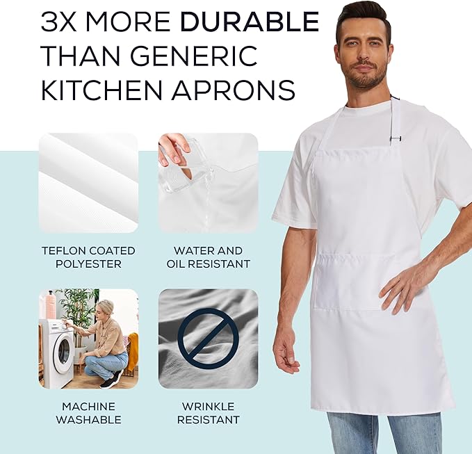 Will Well Kitchen Apron for Men and Women - 33" x 27" Oil-and-Water-Resistant with Adjustable Neck Strap and 38" Waist Ties for a Snug Fit, Lightweight with 2 Front Pockets - 6-Pack, Green