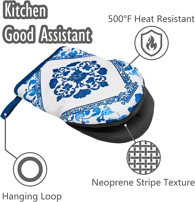 Blue and White Porcelain Pattern Oven Mitts, High Heat Resistant Kitchen Oven Gloves, Mini Silicone Oven Mitts, Non-Slip Grip Surfaces and Hanging Loop for Grilling, Baking, Cooking and Microwave