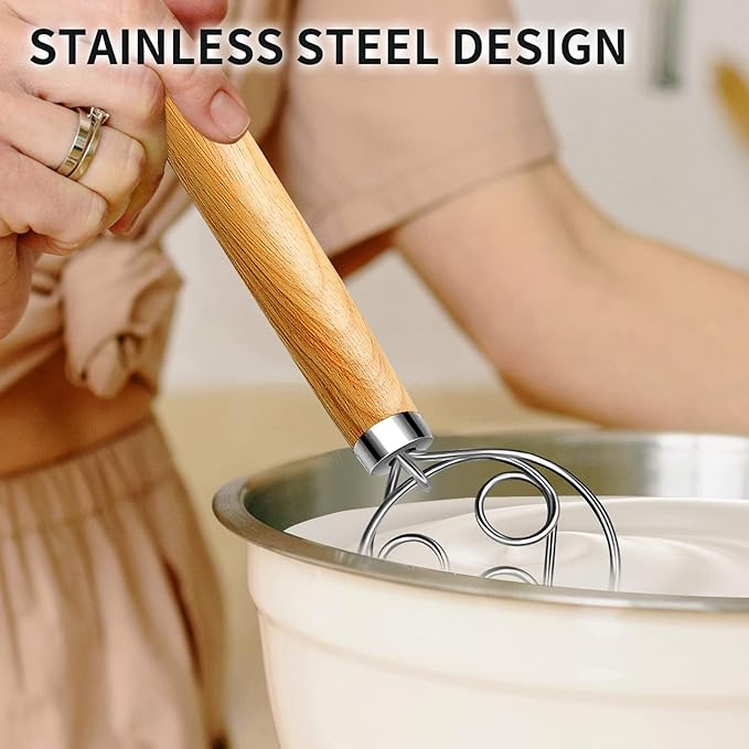 TEEVEA Danish Dough Whisk for Bread Sourdough, Wooden Handle & Stainless Steel Hook