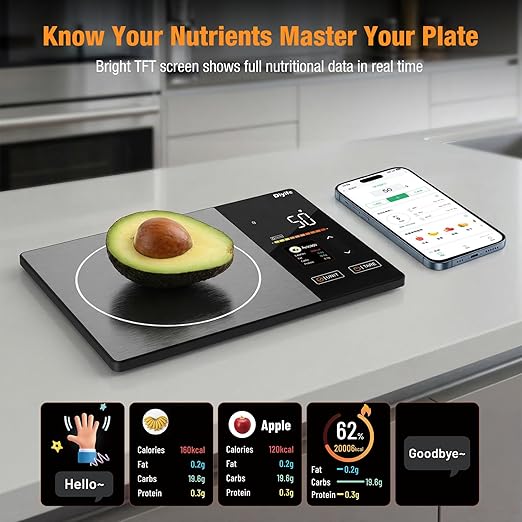 Smart Nutrition Food Scale with TFT Display, Diyife Kitchen Scale with Nutritional Calculator, Calorie, Fat, Carb, Protein Tracking, 50 Food Preload, Support for App Customization, Battery-Powered