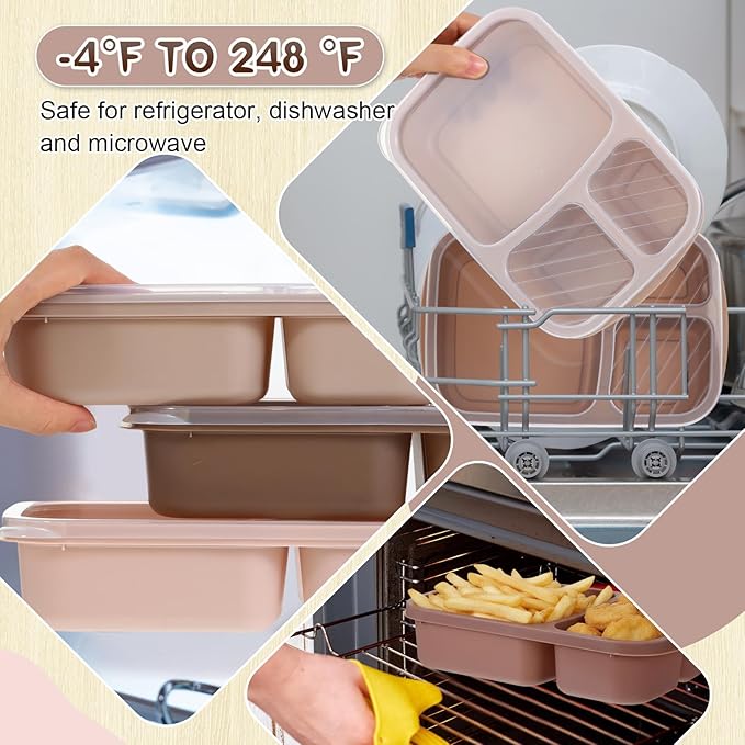 Honeydak 5 Pack Snack Containers 3 Compartment Bento Snack Boxes Divided Meal Prep Containers with Lids Reusable Adults Lunch Food Storage Box for School Work Travel(Brown)