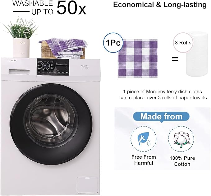 Mordimy 100% Cotton Waffle Weave Plaid Dish Cloths, 12 x 12 Inches, Super Soft and Absorbent Quick Drying Buffalo Check Dish Rags for Kitchen, 6-Pack, Purple & White