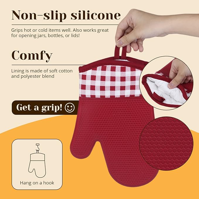 Amruta Pair of Silicone Shell Oven Mitts, 2 Pieces Heavy Duty Baking Kitchen Mitts for BBQ Microwave Stove, Heat-Resistant up to 500F, Oven Glove with Silicone Textured Grip (11 x 7 in, Red)