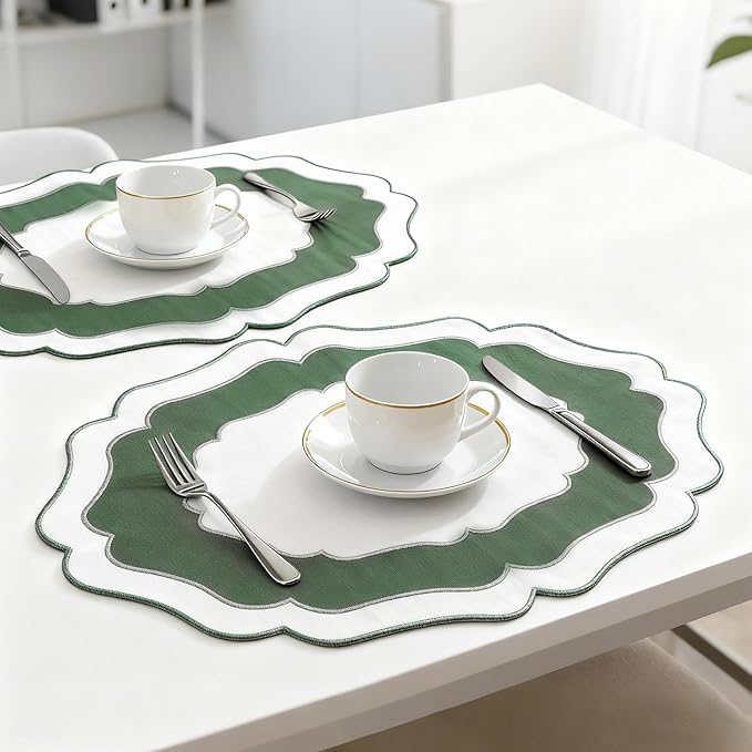 Embroidery Cotton Linen Placemats Set of 4, HADEEONG Table Mats Cloth Placemats, Washable Wrinkle Resistance, Double Layer Scalloped Fabric Placemats, 17.7 x 13.4inch (White with Green, 4)