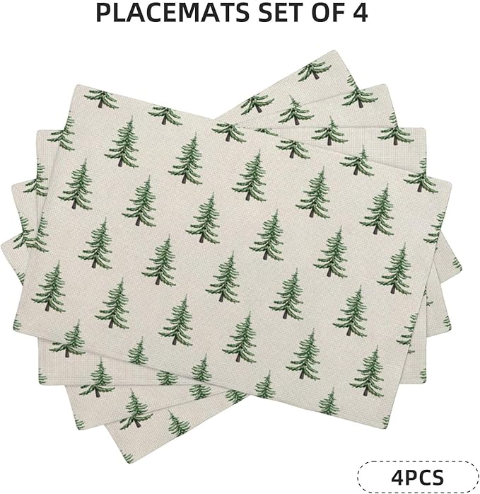 Christmas Trees Placemats Set of 4 Sage Green Christmas Decor Place Mats 12x18 Inch Xmas Winter Holiday Farmhouse Decorative Linen Table Mats for Home Kitchen Dining Party Table Decoration