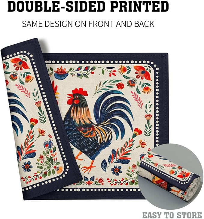 Vintage Rooster Placemats Set Farmhouse Chicken Linen Table Mat Washable Place Mats for Dining Kitchen Party Decor