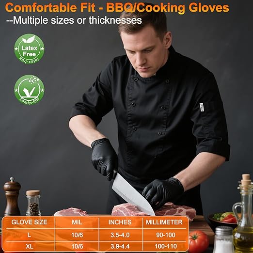 ANBOSON BBQ Gloves for Cooking Baking Grilling, 100 Count Disposable Nitrile Gloves and 4 Count Cotton Glove Liners Washable (6mil Nitrile, Large)