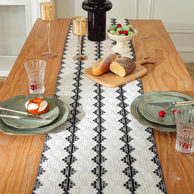 Boho Table Runners with Tassels 72inches, Macrame Farmhouse Table Runner for Dining, Bedroom & Kitchen Decor (Black and White)