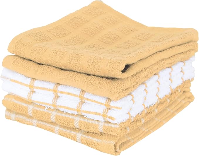 Ritz Premium 100% Cotton Terry Check Kitchen Dish Cloths - Highly Absorbent, Super Soft, Long-Lasting, 12"x12", 6-Pack, Straw