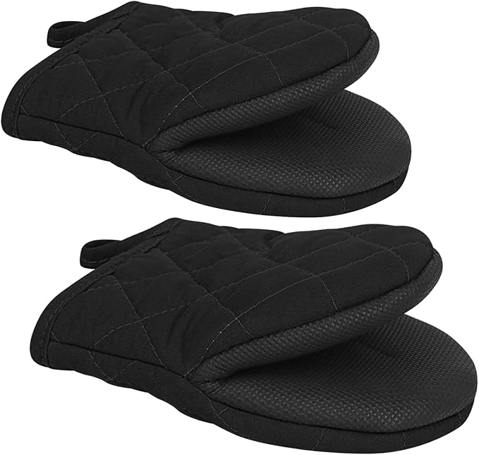 Short Oven Mitts, Heat Resistant 500°F, Silicone Grip Kitchen Gloves, Non-Slip for Baking, Grilling, BBQ, Machine Washable with Hanging Loop, 2-Pack Set, Black