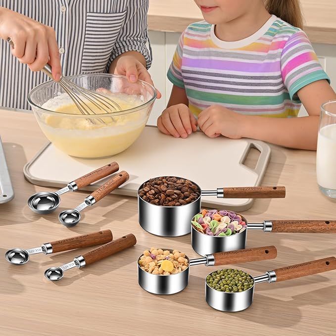 Wooden Handle Measuring Cups and Spoons Set 304 Stainless Steel Metric and US Measurements, Stackable Cups and Spoons, Fits for Measuring Dry and Liquid Ingredients