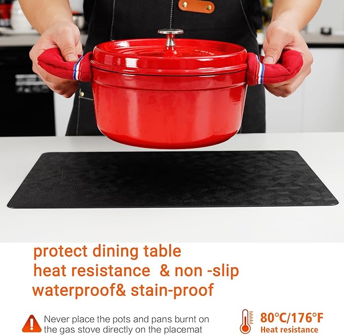 Vinyl Placemats Set of 12 Heat Resistant Easy Clean Non-Slip Place Mats for Dining Table Faux Leather Waterproof Stain Resistant Wipeable Washable PVC Table Mats(12, Black)