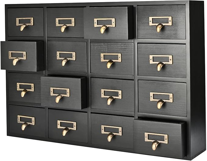 Flexzion Apothecary Cabinet with Drawers - 16 Vintage Apothecary Drawers Desktop Organizer for Home & Office - Wooden Tabletop Library Card Catalog Cabinet Storage for Jewelry, Makeup & Tools, Black