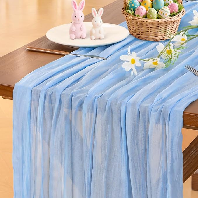 Socomi Blue Cheesecloth Table Runner Easter Spring Light Blue Boho Rustic Gauze 120 inch 10FT Cheese Cloth Runner for Wedding Party Baby Shower Birthday Home Decor Holiday Decorations