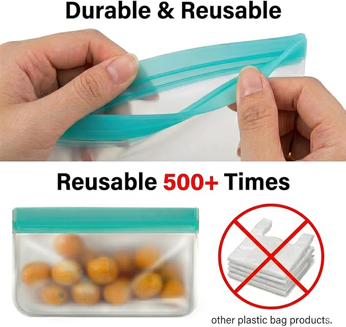 10 Pack Reusable Silicone Food Storage Bags - Leakproof Freezer Bags for Sandwich & Snack - BPA Free, Dishwasher Safe Eco-friendly Lunch Bags for Marinating Meat, Fruit, Travel | 8.6"W × 5.3"H
