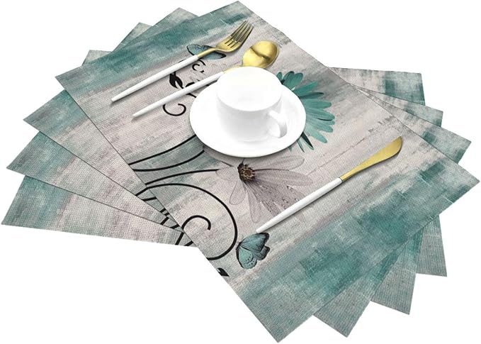 Floral Place mats Set of 4, 12x18 Inches Teal Blue Daisy Flower Decorative Rectangle Table Mats for Party Home Kitchen Dining Table Decoration