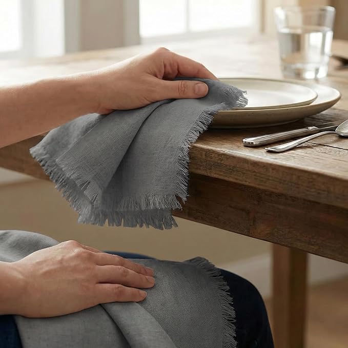 ACCENTHOME Grey Cotton Linen Napkin Set of 12 18x18 inch Dinner Napkins - Washable Soft Premium Hotel Quality Reusable Hemmed Edges Napkins Perfect Table Linens for Family Dinners, Weddings
