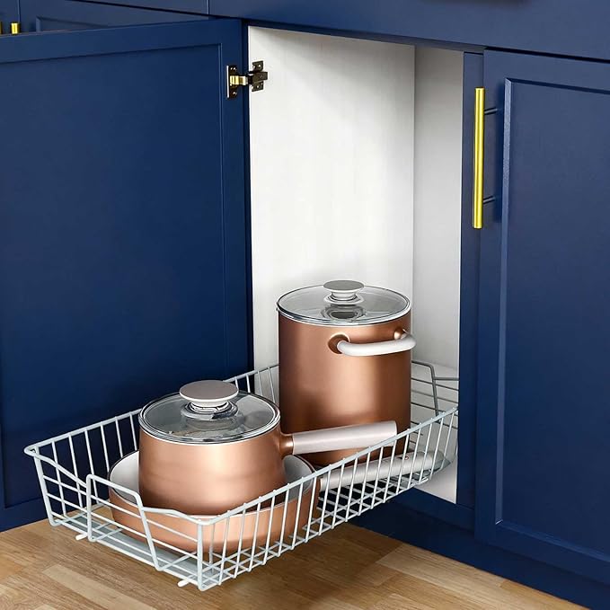 1 Tier Pull Out Pot and Pan Organizer,(14" W x 21" D) Pull Out Cabinet Organizer for Closet and Shower Items Organization, Individual Pull Out Cabinet Organizer (14" W x 21" D (1 Tier))