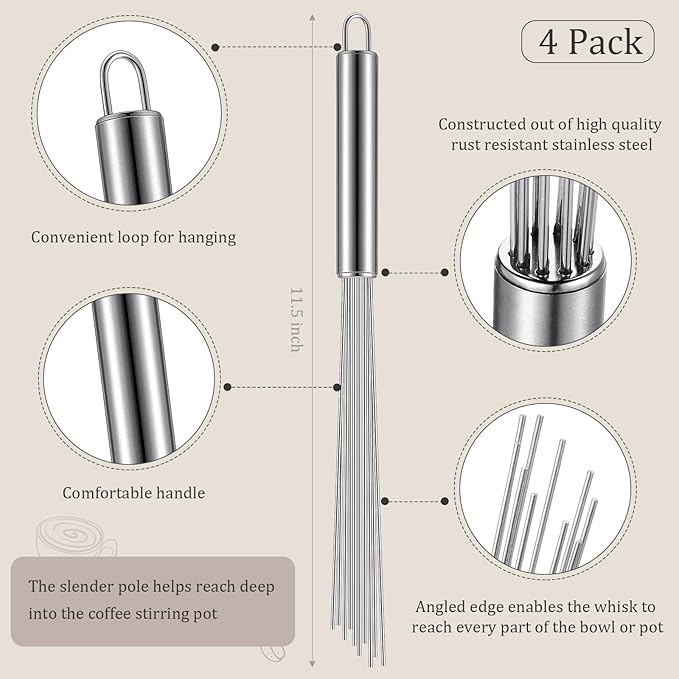 Baderke 4 Pcs Espresso Whisk 11.5 Inch Long Handle Barista Whisk 10 Needles 2 mm Stainless Steel Coffee Stirrer Tool Efficient Mixing Time Saving Reduction Clumping Ideal for Commercial Home