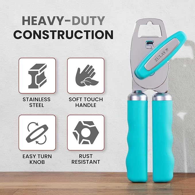 Zulay Kitchen Heavy Duty Stainless Steel Can Opener Manual with Bottle Opener - Rust Proof Manual Can Opener With Turn Knob & Comfy Soft Grip Handles - Turquoise