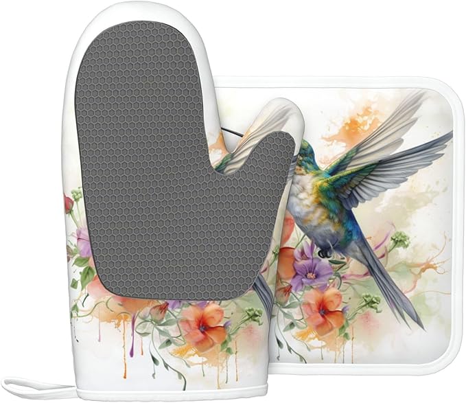 Oven Mitts and Pot Holders Watercolor Hummingbird Flower Silicone Kitchen Accessories Set of 2 Heat Resistant Long Gloves Potholder Non-Slip Grip for Chef Cooking,Baking,Grilling,BBQ