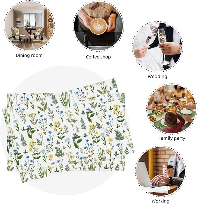 Wildflower Print Linen Placemats Set of 4, 12x18 InchWashable Table Mats for Dining Room Spring Gatherings