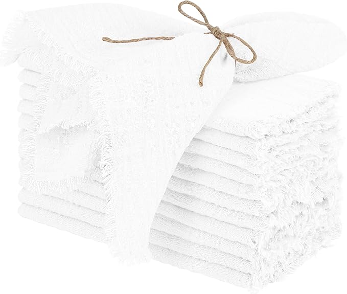 TURSTIN 12 Pieces Cotton Linen Cloth Napkin Handmade Cloth Napkin with Fringe 17 x 17 Inch Soft Cloth Dinner Wedding Napkin Square Rustic Fringe Table Napkin for Parties, Weddings, Ivory White