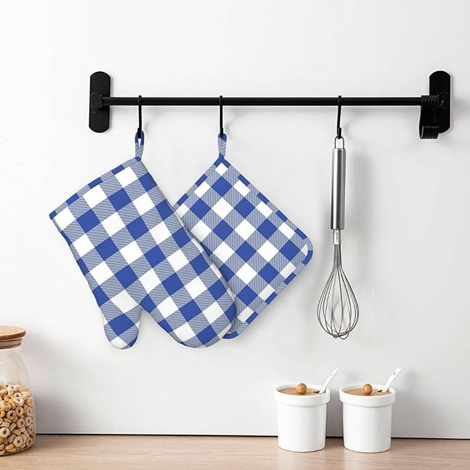 Blue and White Buffalo Plaid Oven Mitts and Pot Holders Set, 4pcs Blue and White Checkered Silicone Oven Glove for Kitchen Heat Resistant Oven Mitts and Potholders Non-Slip for Cooking
