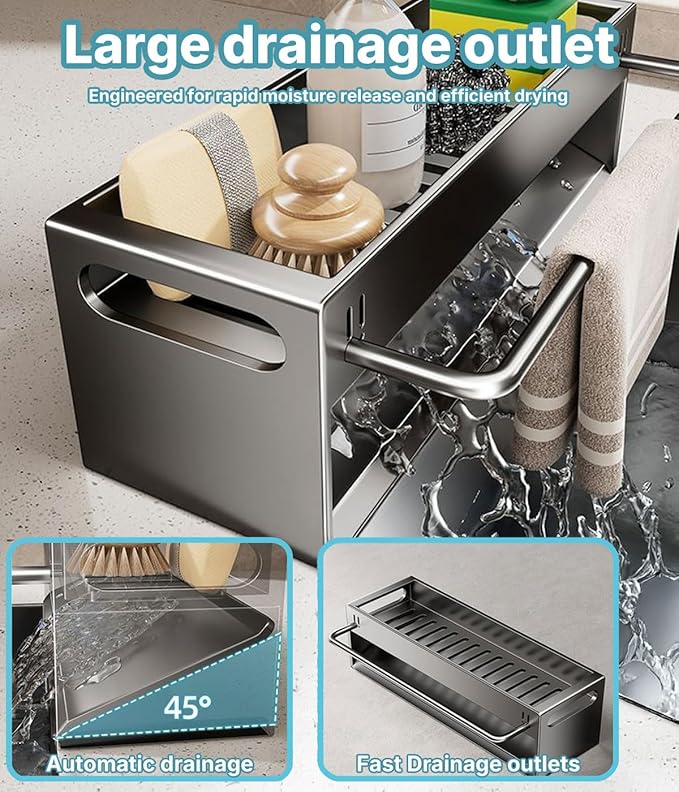 Kitchen Sink Caddy Organizer - Stainless Steel Dish Soap Brush Holder Countertop Sink Organizer for Kitchen Organizers and Storage (GreyLarge)
