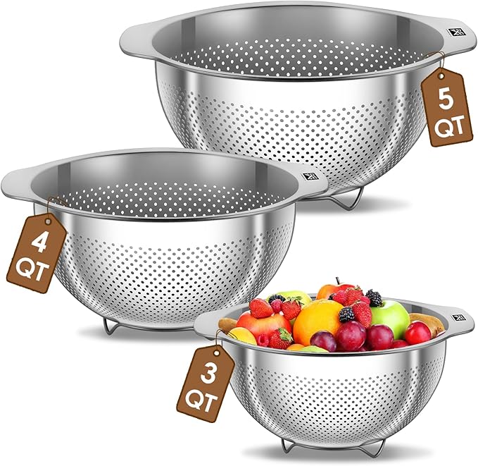 GOLDEN KEY 3Pcs Stainless Steel Colander Set for Kitchen - 3QT/4QT/5QT, Multi-Size Strainer for Draining Pasta, Washing Vegetables, Straining Hot Foods & Grease, Nesting Storage, Dishwasher Safe